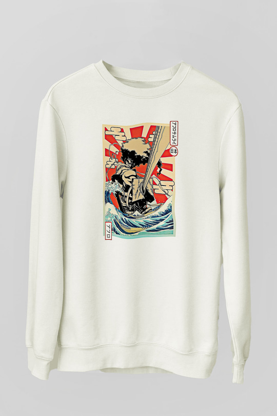 Afro Samurai Baskılı Beyaz Unisex Sweatshirt