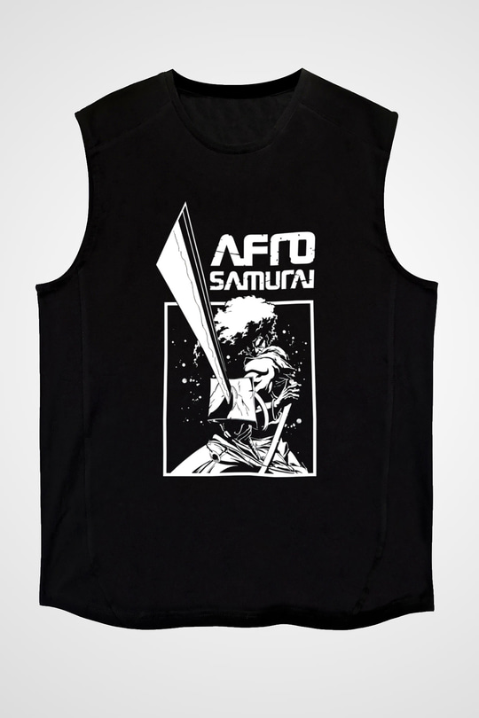 Afro Samurai Baskılı Unisex Siyah Kolsuz Tişört - Tshirt