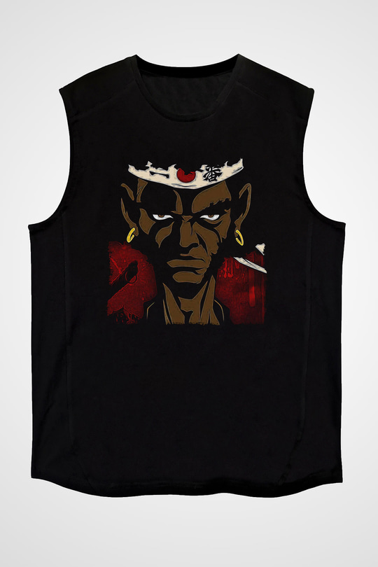 Afro Samurai Baskılı Unisex Siyah Kolsuz Tişört - Tshirt
