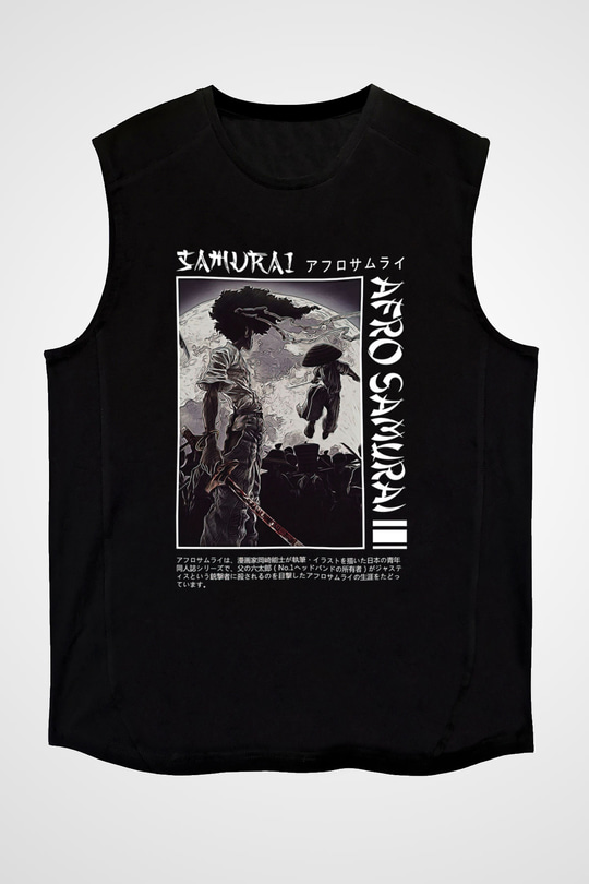 Afro Samurai Baskılı Unisex Siyah Kolsuz Tişört - Tshirt