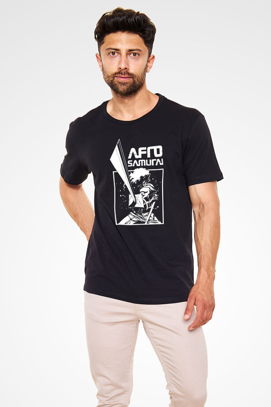 Afro Samurai Baskılı Unisex Siyah Tişört - Tshirt