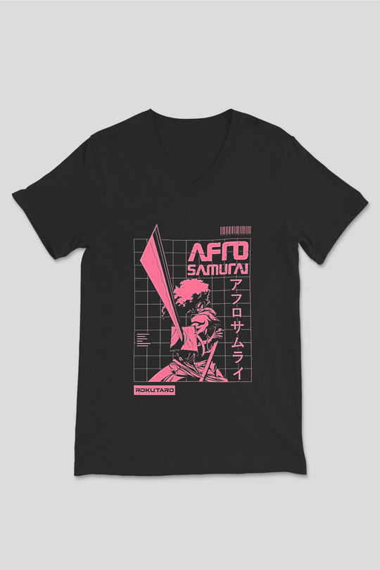 Afro Samurai Baskılı Unisex Siyah V Yaka Tişört - Tshirt