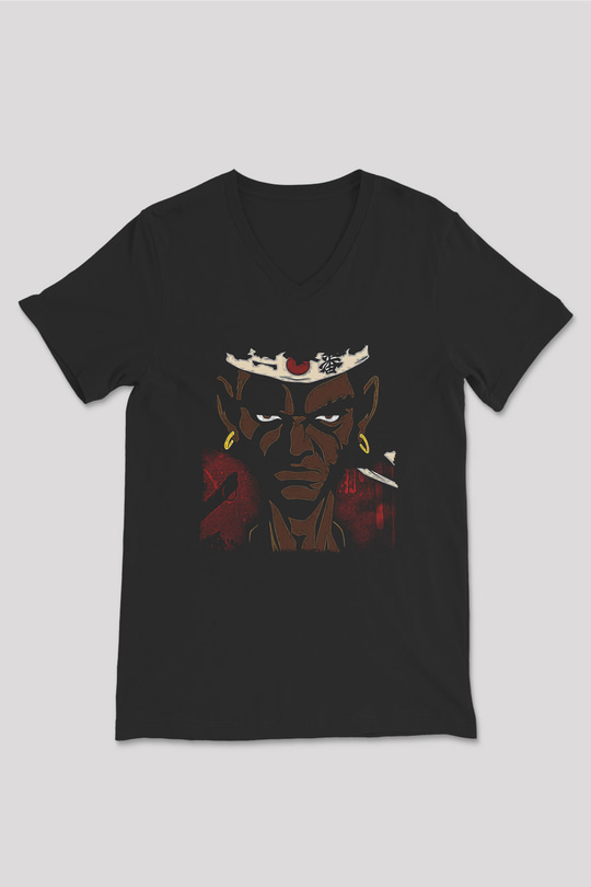Afro Samurai Baskılı Unisex Siyah V Yaka Tişört - Tshirt