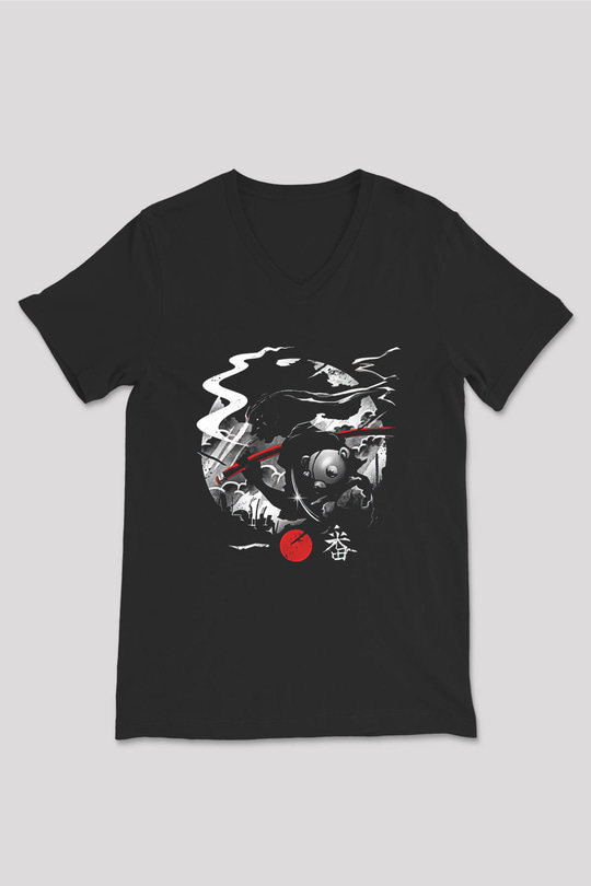 Afro Samurai Baskılı Unisex Siyah V Yaka Tişört - Tshirt