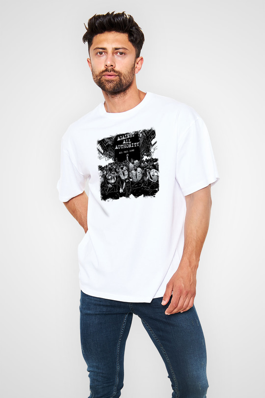 Against All Authority Baskılı Unisex Beyaz Oversize Tişört