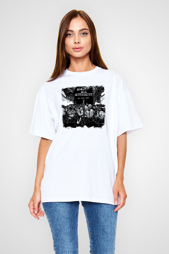 Against All Authority Baskılı Unisex Beyaz Oversize Tişört