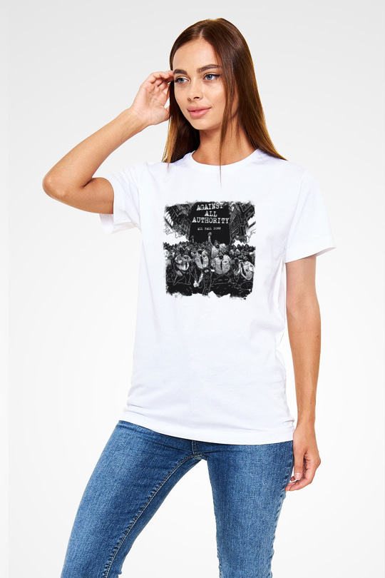 Against All Authority Baskılı Unisex Beyaz Tişört