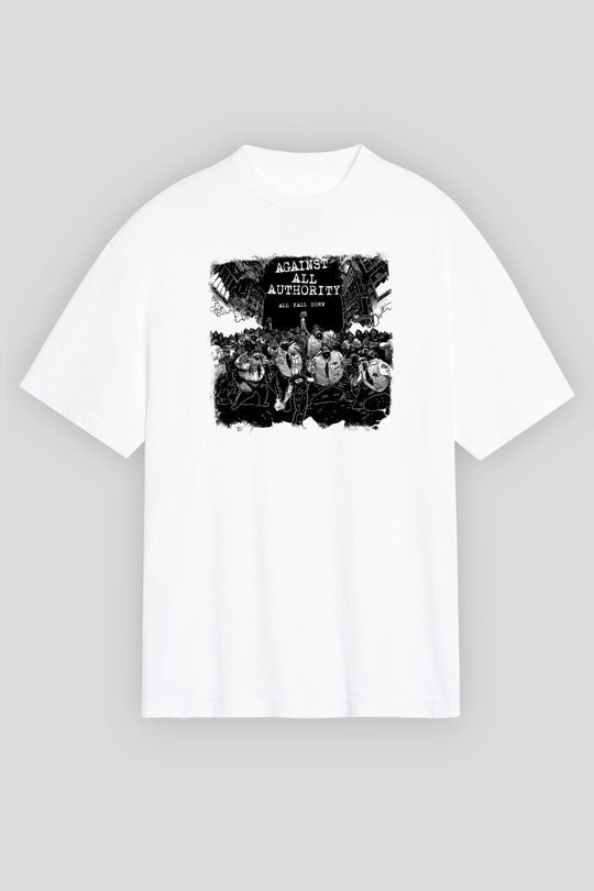 Against All Authority Baskılı Unisex Beyaz Oversize Tişört