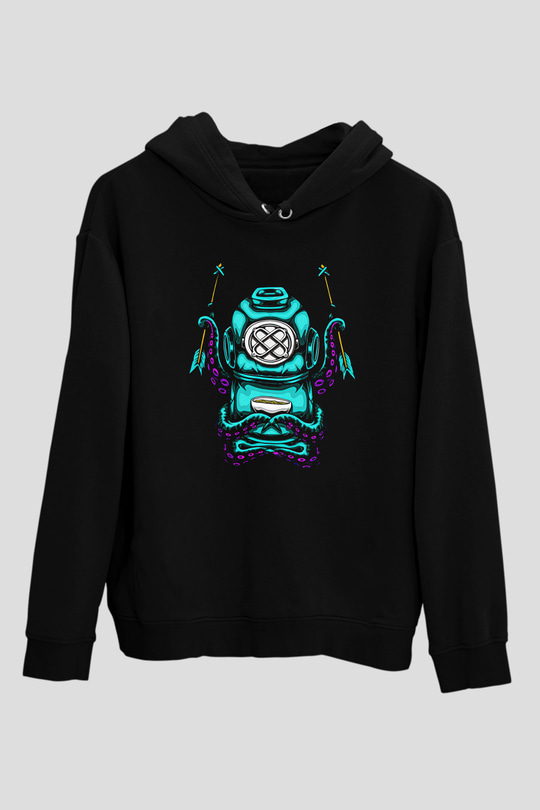 Ahtapot Baskılı Unisex Siyah Hoodie