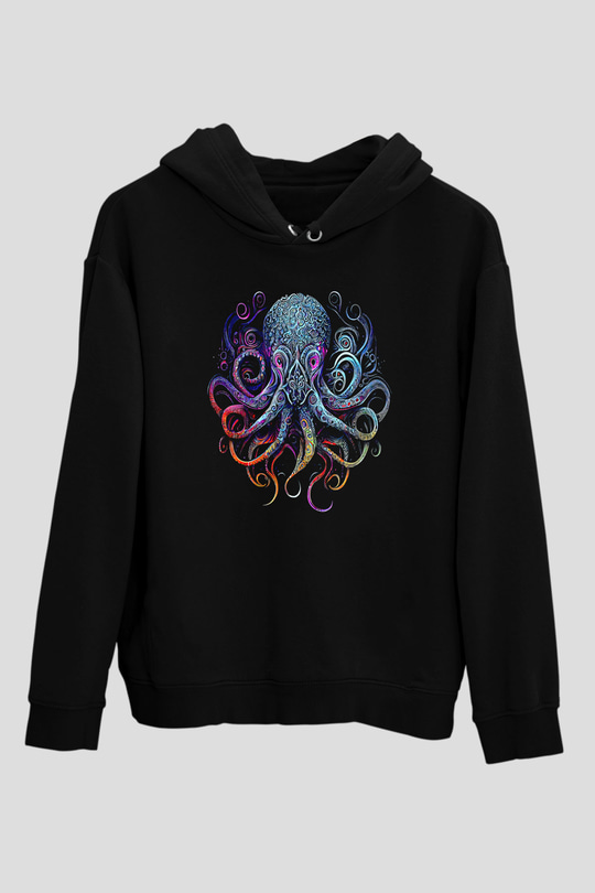 Ahtapot Baskılı Unisex Siyah Hoodie