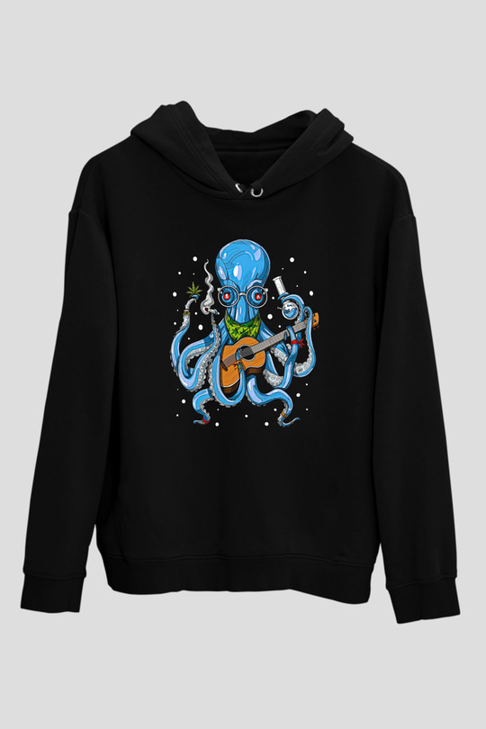 Ahtapot Baskılı Unisex Siyah Hoodie