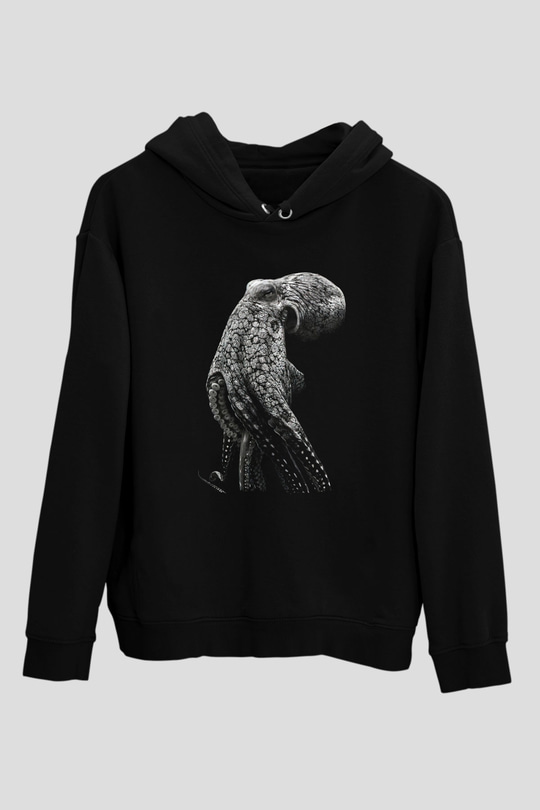 Ahtapot Baskılı Unisex Siyah Hoodie