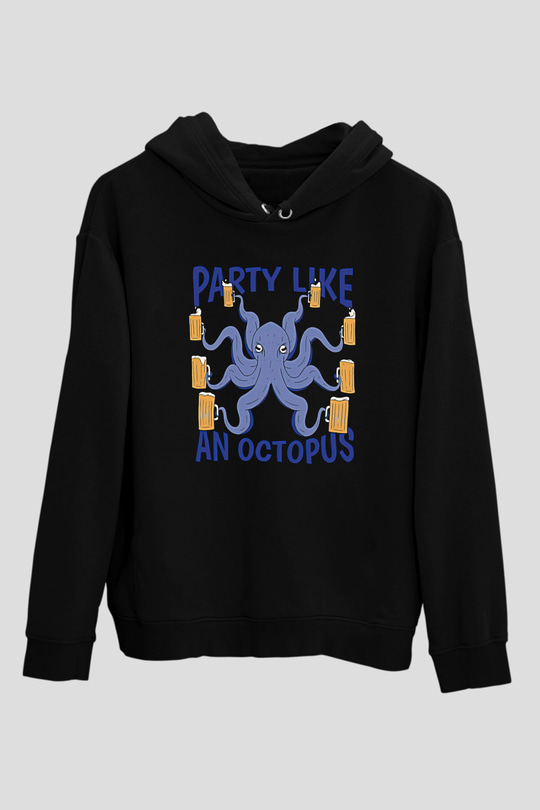 Ahtapot Baskılı Unisex Siyah Hoodie
