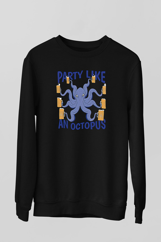 Ahtapot Baskılı Unisex Siyah Sweatshirt