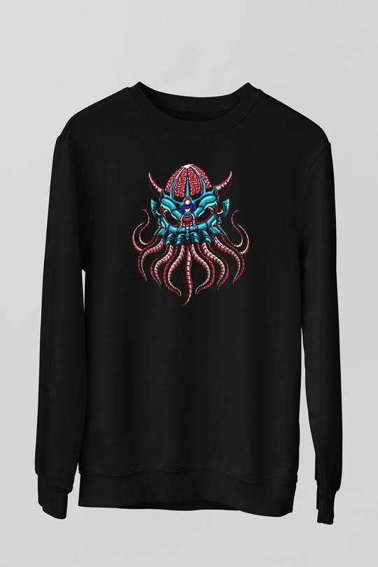 Ahtapot Baskılı Unisex Siyah Sweatshirt