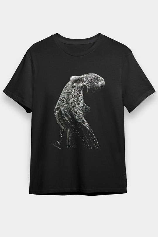 Ahtapot Baskılı Unisex Siyah Tişört - Tshirt