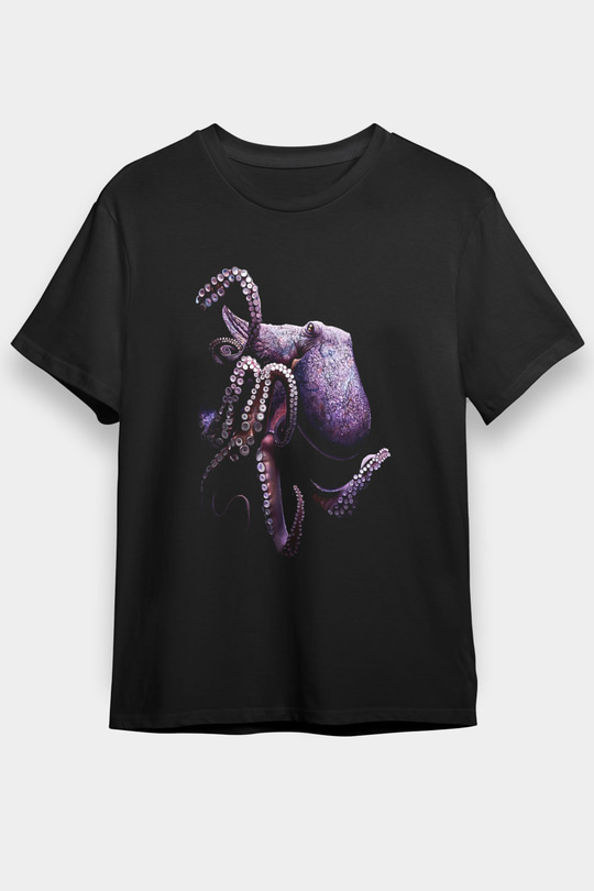 Ahtapot Baskılı Unisex Siyah Tişört - Tshirt