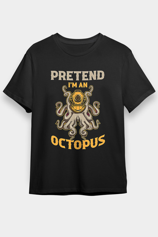 Ahtapot Baskılı Unisex Siyah Tişört - Tshirt