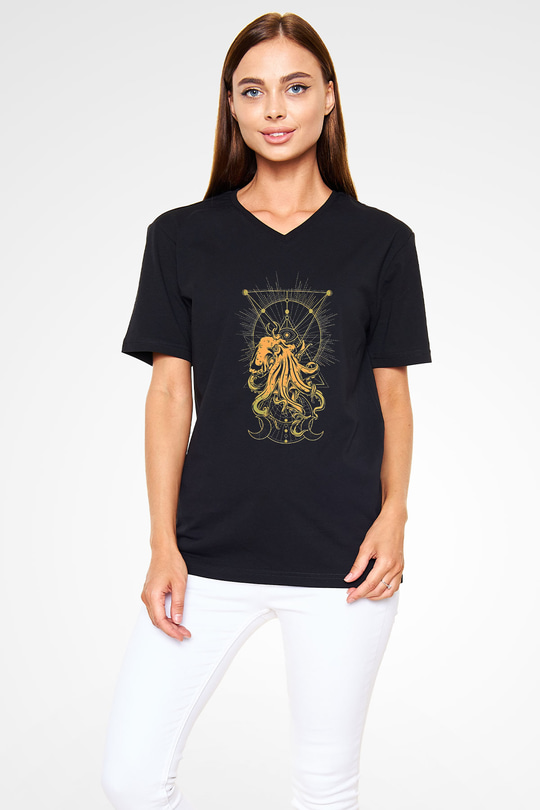 Ahtapot Baskılı Unisex Siyah V Yaka Tişört - Tshirt