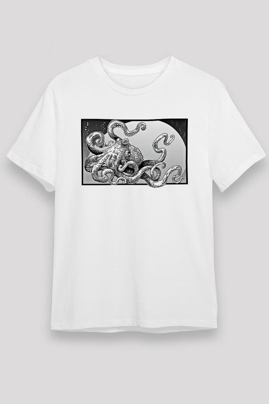 Ahtapot Unisex Baskılı Beyaz Tişört - Tshirt