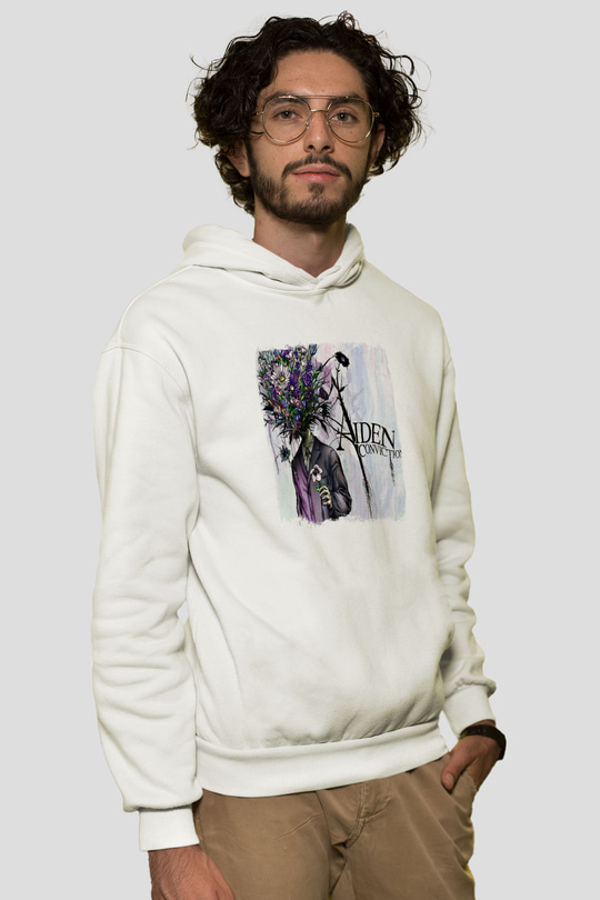 Aiden Baskılı Unisex Beyaz Hoodie