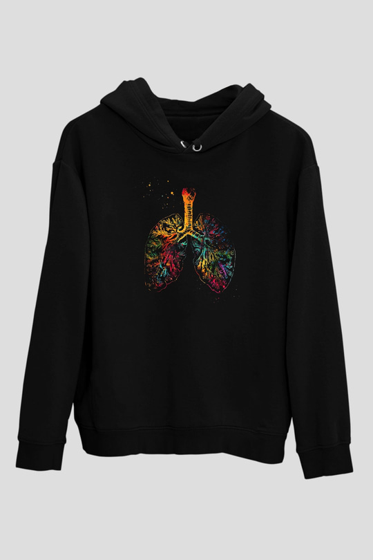 Akciğer Damarlar Renkli Baskılı Unisex Siyah Hoodie