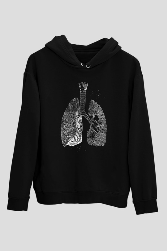 Akciğerler Baskılı Unisex Siyah Kapüşonlu Sweatshirt