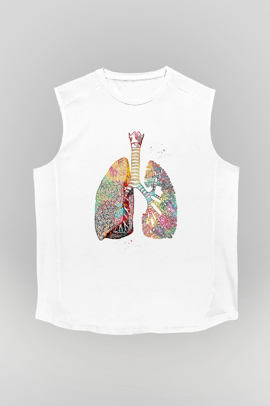 Akciğerler Renkli Baskılı Unisex Kolsuz Beyaz Tişört - Tshirt