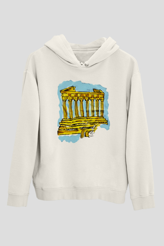Akropolis Beyaz Unisex Kapşonlu Sweatshirt