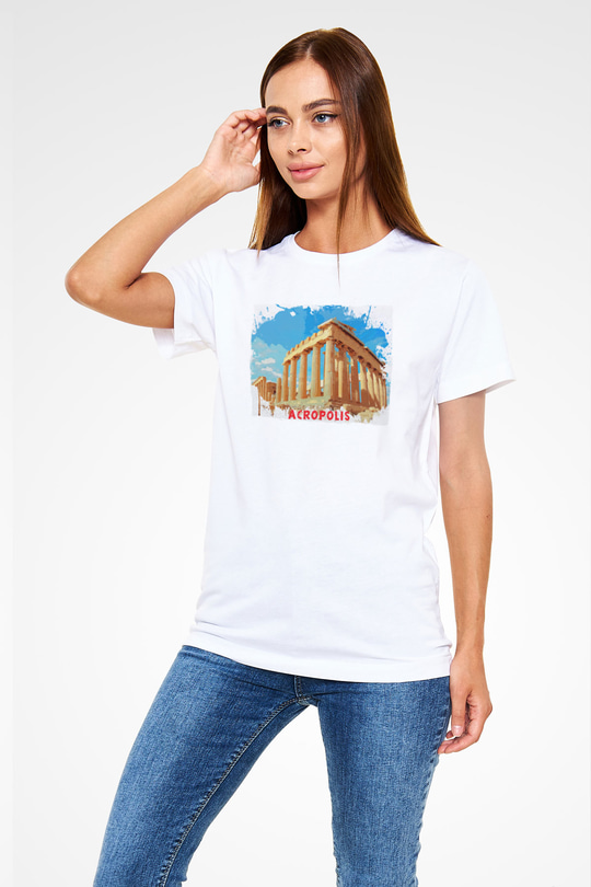 Akropolis Beyaz Unisex Tişört T-Shirt - TişörtFabrikası