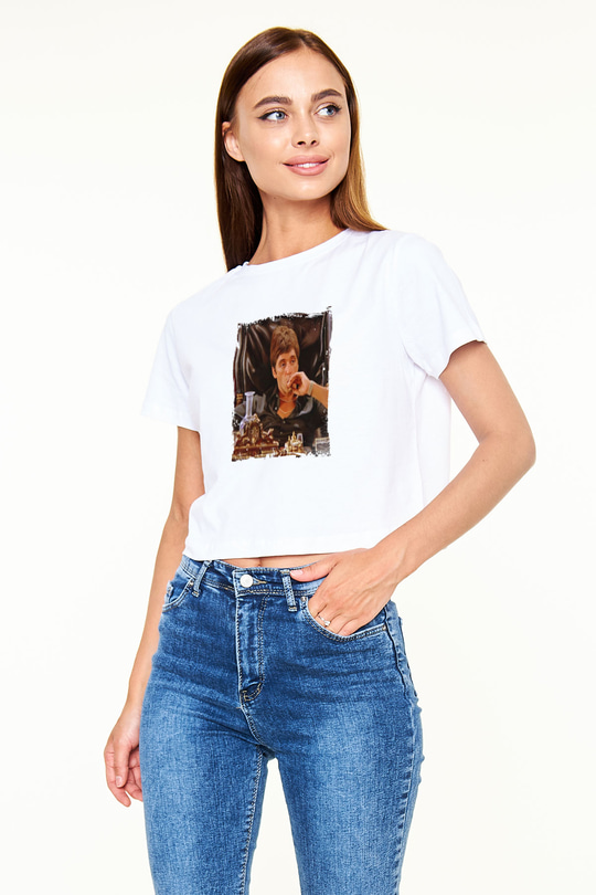 Al Pacino Baskılı Beyaz Kadın Crop Top Tişört