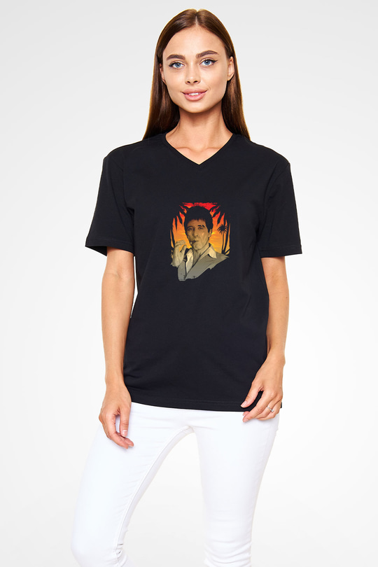 Al Pacino Baskılı Unisex Siyah V Yaka Tişört