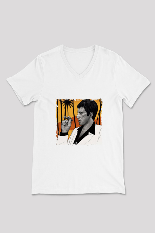Al Pacino Baskılı V Yaka Unisex Beyaz Tişört