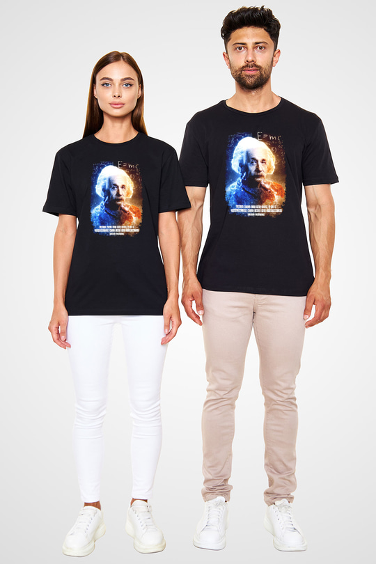 Albert Alıntı Baskılı Unisex Siyah Tişört - Tshirt