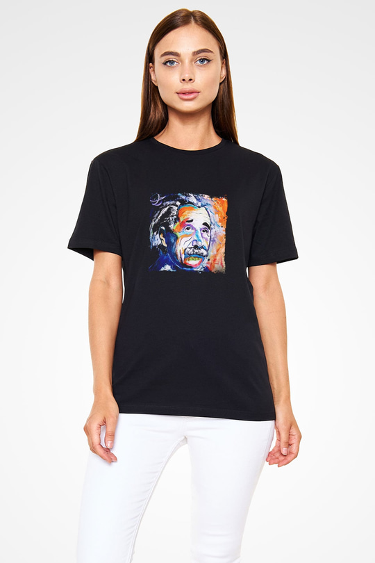 Albert Einstein Baskılı Unisex Siyah Tişört
