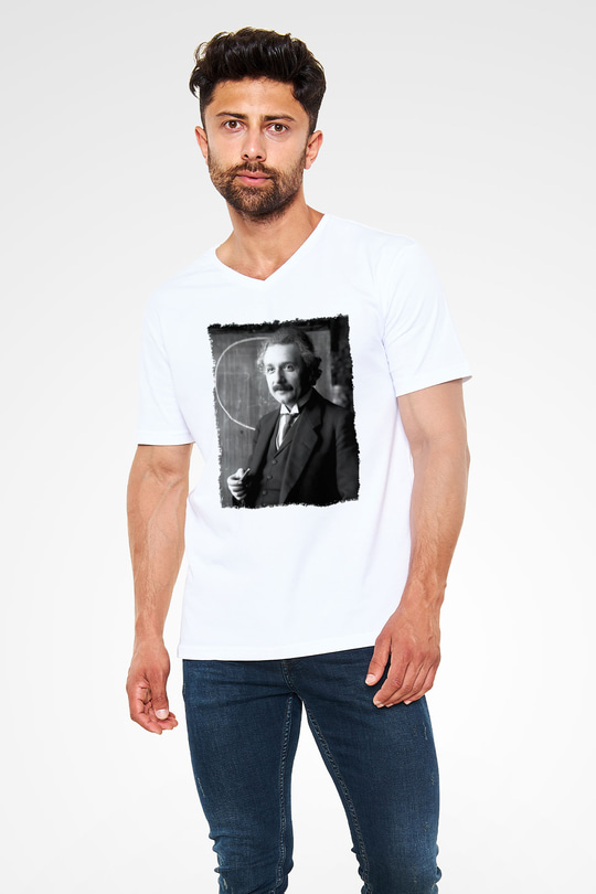 Albert Einstein Beyaz Unisex V Yaka Tişört