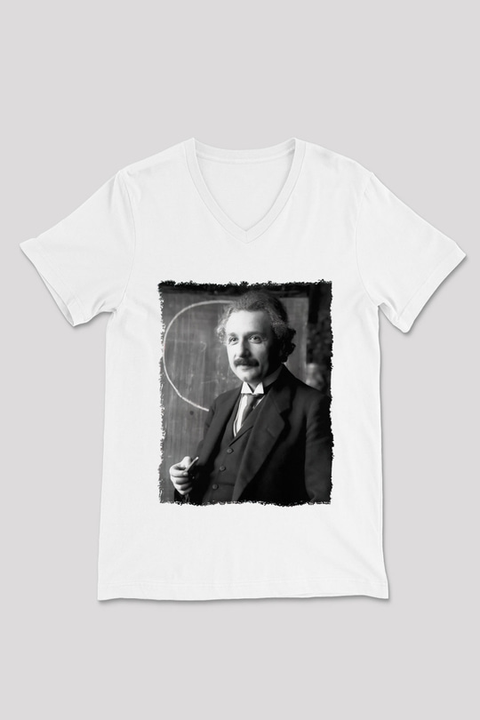 Albert Einstein Beyaz Unisex V Yaka Tişört