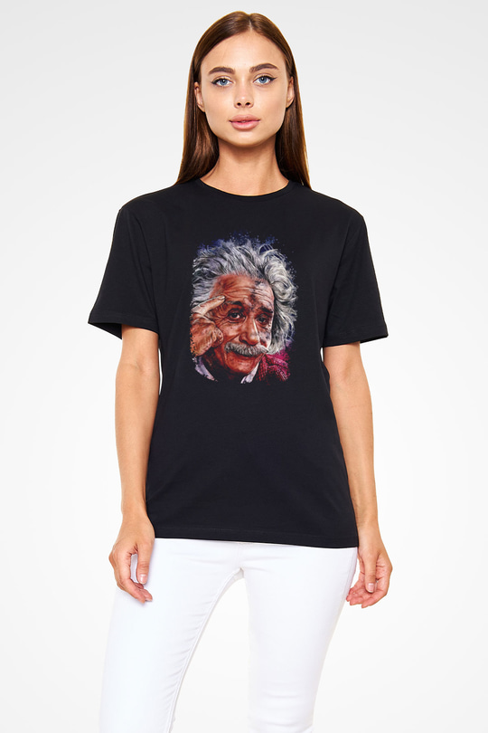 Albert Einstein Çizim Baskılı Unisex Siyah Tişört - Tshirt