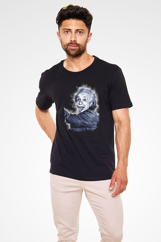 Albert Einstein Dil Çıkaran Portre Baskılı Unisex Siyah Tişört - Tshirt