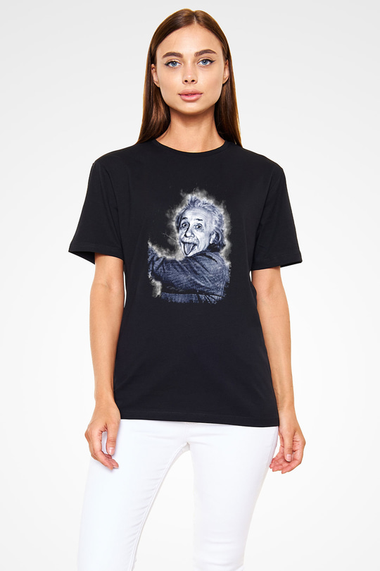 Albert Einstein Dil Çıkaran Portre Baskılı Unisex Siyah Tişört - Tshirt