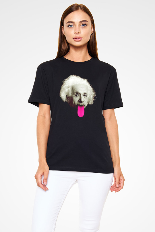 Albert Einstein Pembe Dil Baskılı Unisex Siyah Tişört