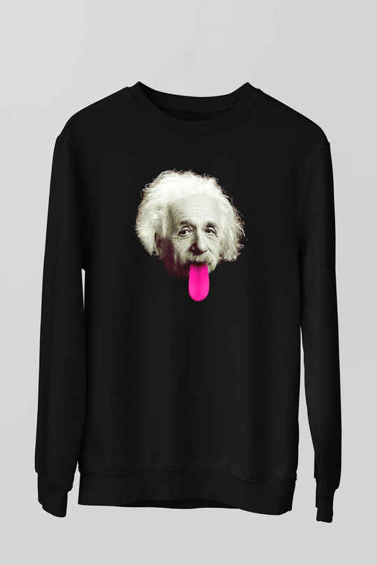 Albert Einstein Pembe Dil Baskılı Unisex Siyah Sweatshirt