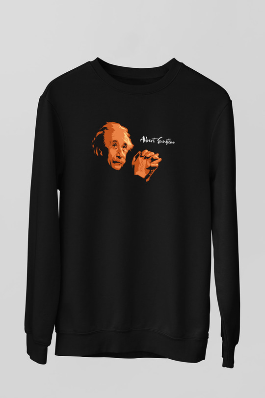 Albert Einstein Portre Baskılı Unisex Siyah Sweatshirt