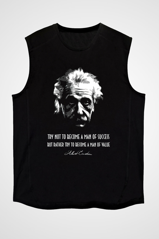 Albert Einstein Portre Lıntı Baskılı Unisex Kolsuz Siyah Tişört - Tshirt