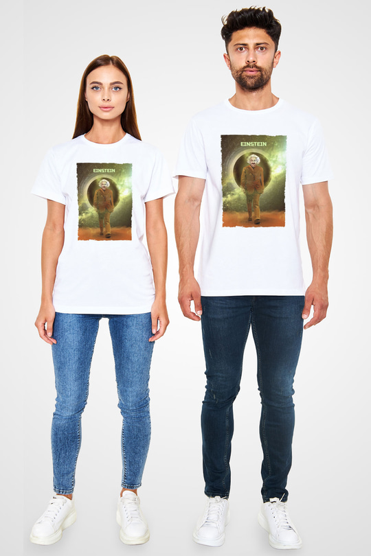 Albert Einstein Renkli Baskılı Unisex Beyaz Tişört - Tshirt