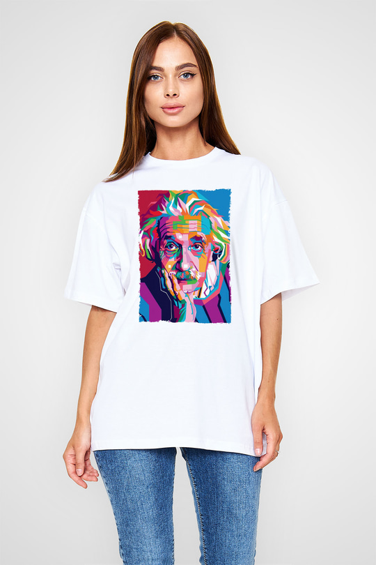 Albert Einstein Renkli Portre Baskılı Unisex Oversize Beyaz Tişört - Tshirt