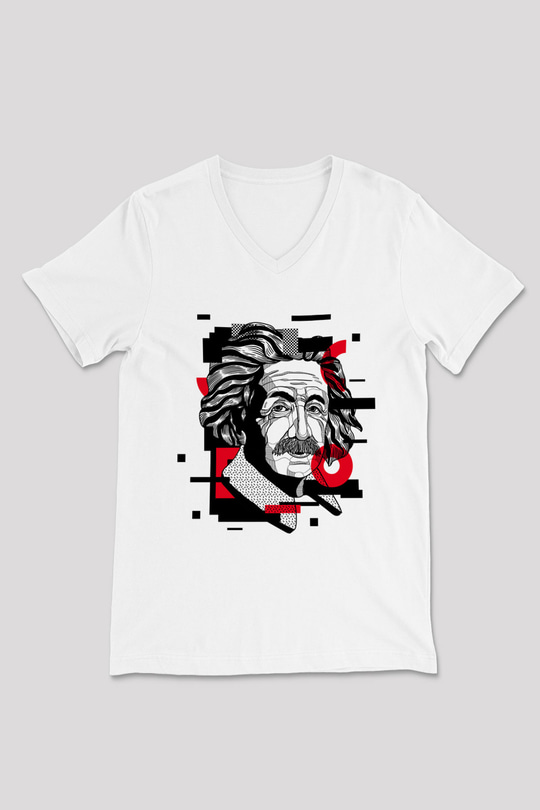 Albert Einstein Renkli Portre Baskılı Unisex Beyaz V Yaka Tişört
