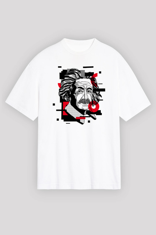 Albert Einstein Renkli Portre Baskılı Unisex Beyaz Oversize Tişört