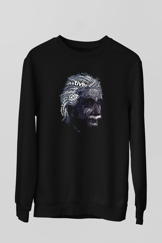 Albert Einstein Sanatsal Portre Baskılı Unisex Siyah Sweatshirt