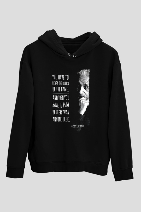 Albert Einstein Sözü Baskılı Unisex Siyah Hoodie